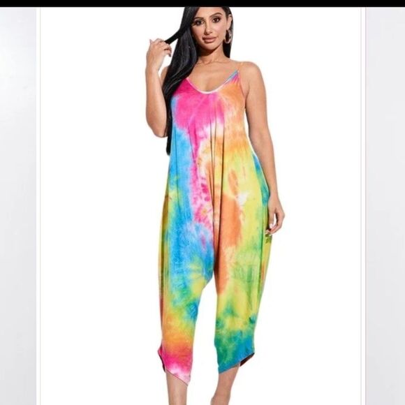 Women Multi Colorful Tie-Dye Jumpsuit sz M Boho Hippie - Picture 1 of 11